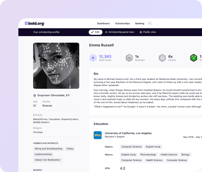 Student scholarship profile on Bold.org